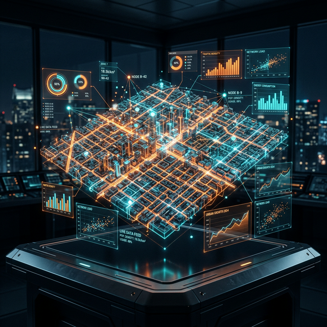 A holographic 3D data visualization of a city grid, floating translucent charts and data points, glowing orange and cyan light, dark background, premium tech aesthetics, no people.